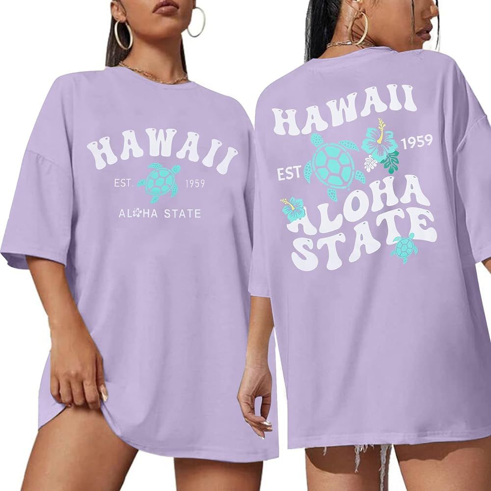 Hawaiian Shirts Women Oversized Hawaii State Graphic Shirt Flower Shirt Casual Summer Vacation Te... | Amazon (US)