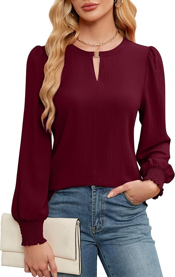 Blooming Jelly Womens Long Sleeve Dressy Casual Top V Neck Puff Sleeve Shirt Keyhole Blouse 2024 | Amazon (US)