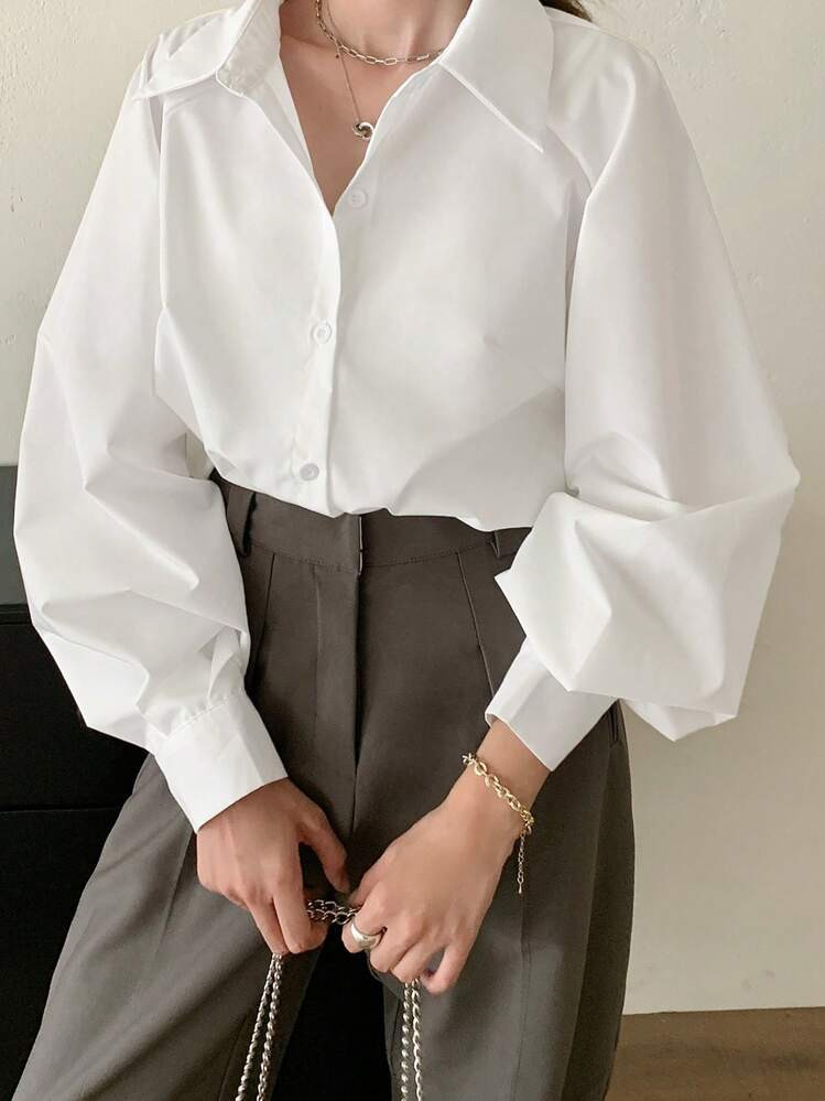 Airaco Camisa Casual De Manga Farol De Un Solo Pecho De Unicolor Para Mujer, Otoño, Parte Superior De Manga Larga | SHEIN