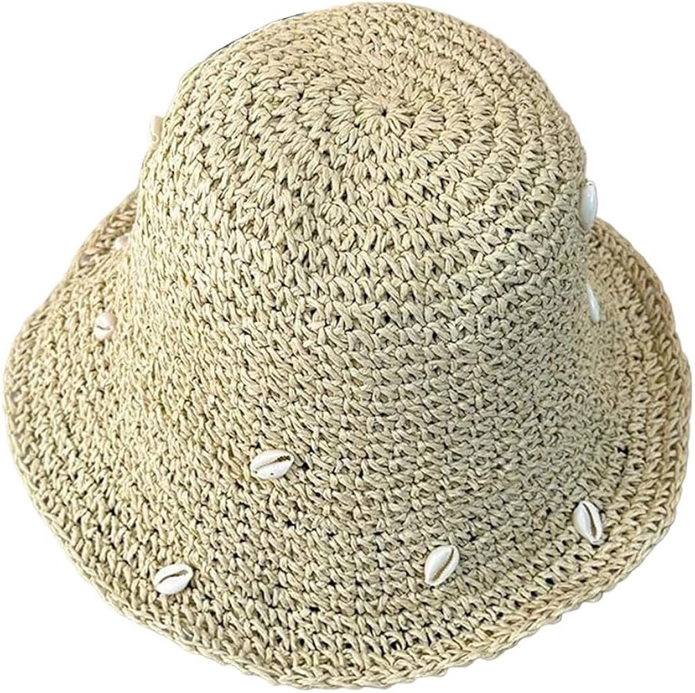 Women Summer Pearl Shell Straw Crochet Protect Bucket Outdoor Fisherman Panama Beach Travel Hat | Amazon (US)
