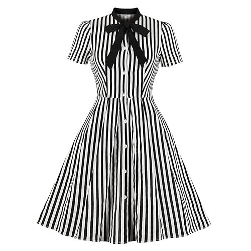 IDOPIP Women Black and White Striped Dress Halloween Costume Tie Neck Midi Dress 1950s Vintage Cocktail Shirt Swing Dress Ghost Cosplay Party Haunted Dress up Outfit Black and White XL | Amazon (US)