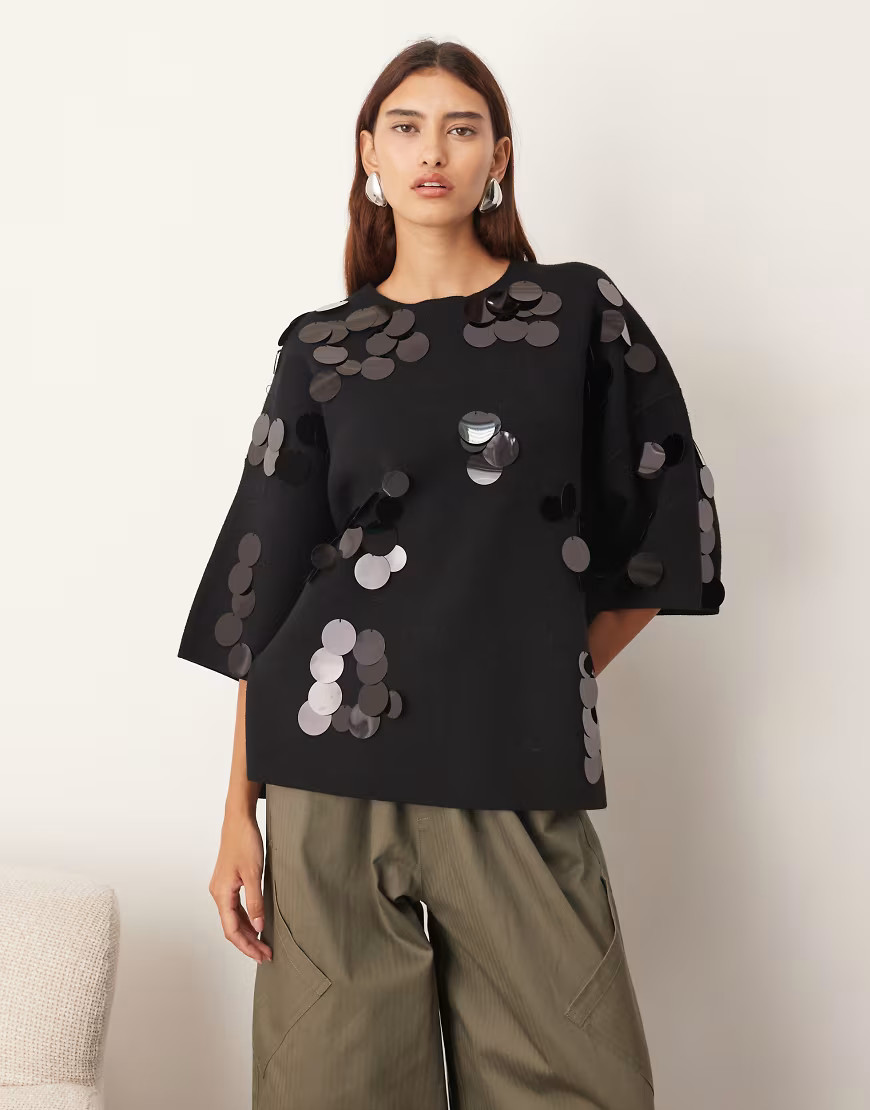 ARRANGE compact knit disc sequin tee in black | ASOS (Global)