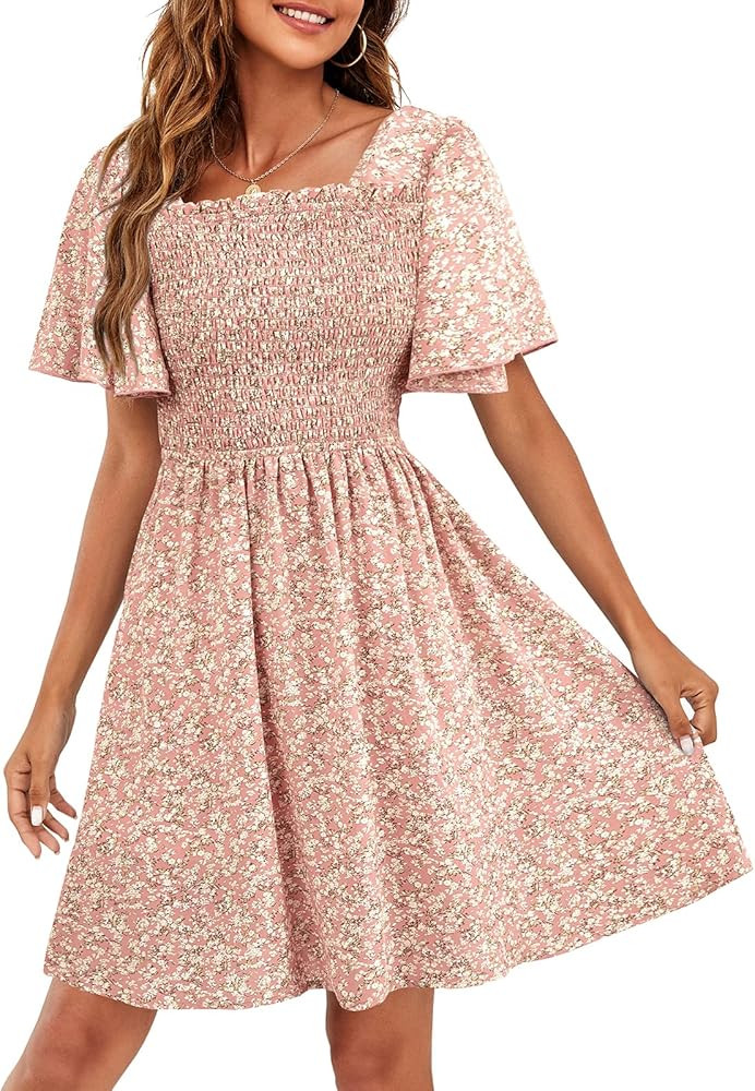 Qiuwon Womens Summer Floral Printed Smocked Square Neck Ruffle Short Sleeve Mini Boho Dress | Amazon (US)