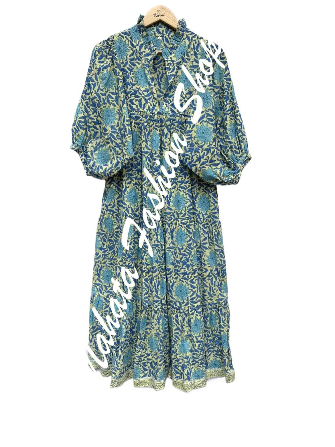 Floral Long Blue Hand Block Printed Bohemian Maxi Dress - V Frill Neckline With Belt Cotton Dress... | Etsy (US)