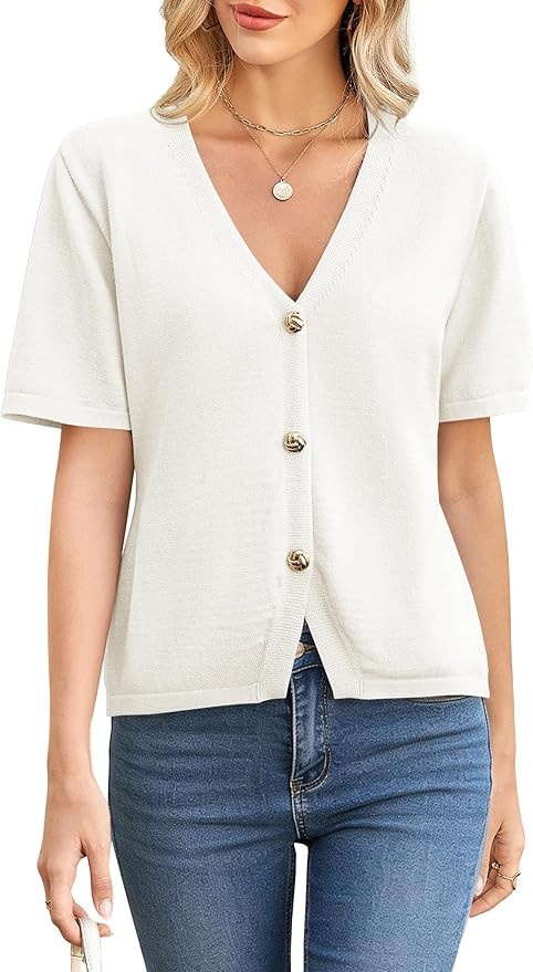 Women Short Sleeve Cardigan Gold Button Down Sweater V Neck Cardigans Summer Knit Office Top | Amazon (US)