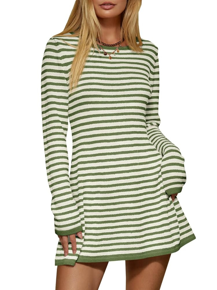 Saodimallsu Womens Striped Pullover Sweater Crew Neck Fall Long Sleeve Trendy Casual Ribbed Knit ... | Amazon (US)