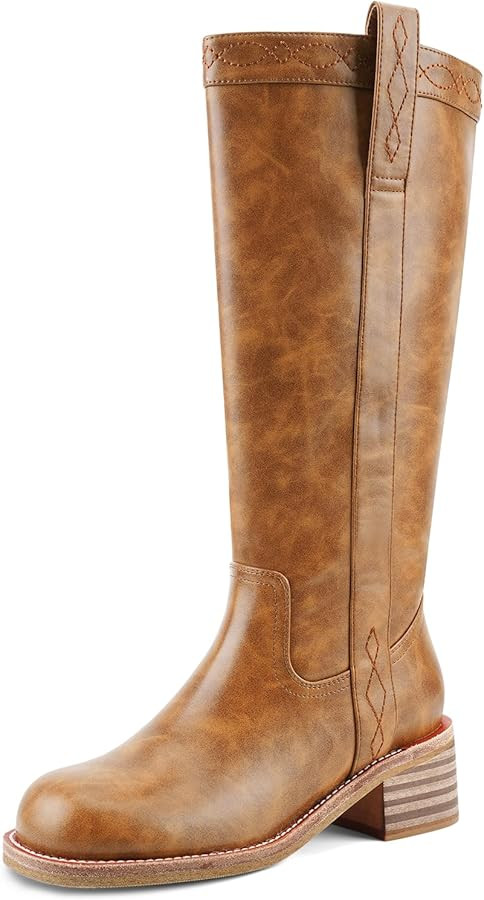 UBWDU Womens Knee High Boots Square Toe Platform Chunky Block Heel Banana Campus Boots | Amazon (US)