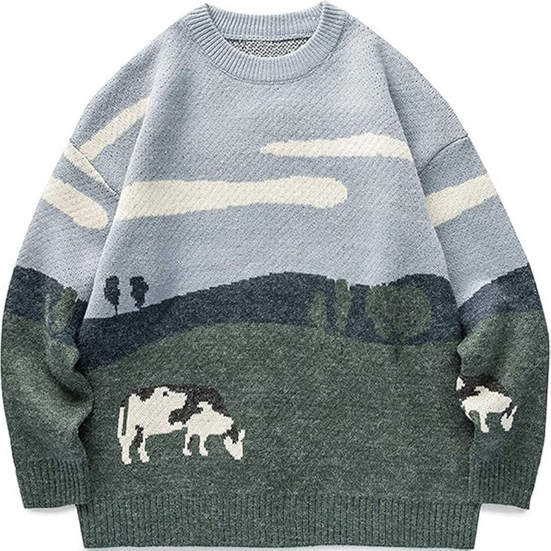 Vamtac Mens Grassland Cow Vintage Oversize Knitted Sweater Long Sleeve Round Neck Knitted Pullove... | Amazon (US)