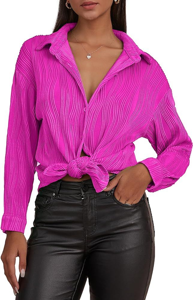 CHYRII Women's White Button Down Long Sleeve Shirts Wave Textured Casual Work Office Blouse Tops ... | Amazon (US)