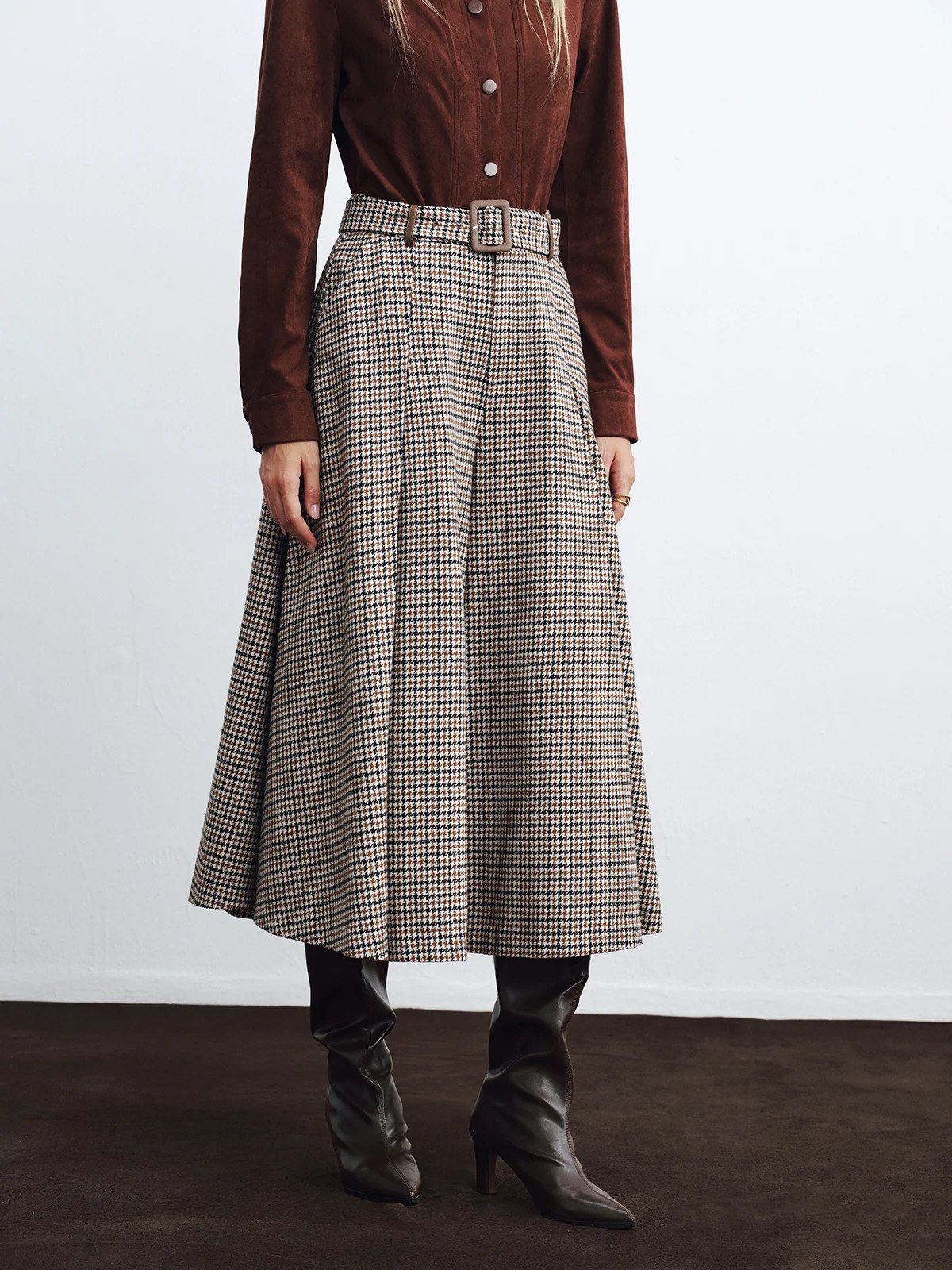 High-Waist Belted Houndstooth Wide-Leg Pants | Commense