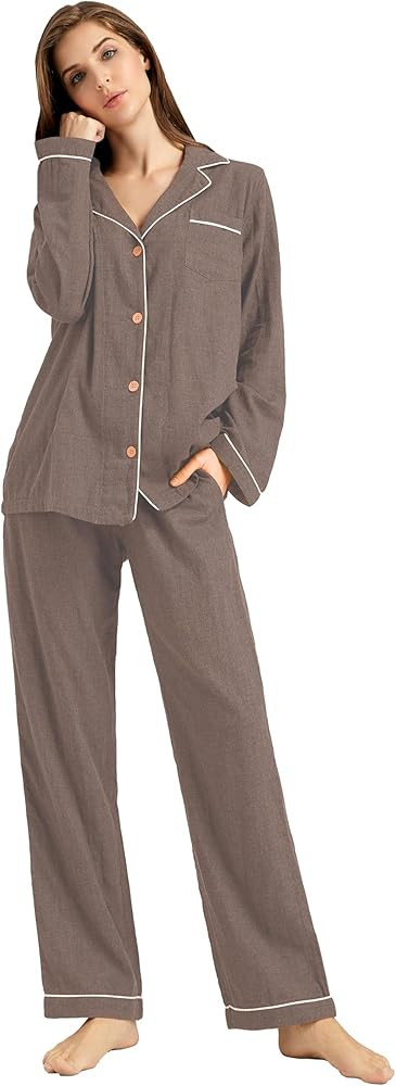 Women's Pajama Set 100% Double Gauze Cotton Linen Like Super Soft Comfy Lightweight Button Down S... | Amazon (US)