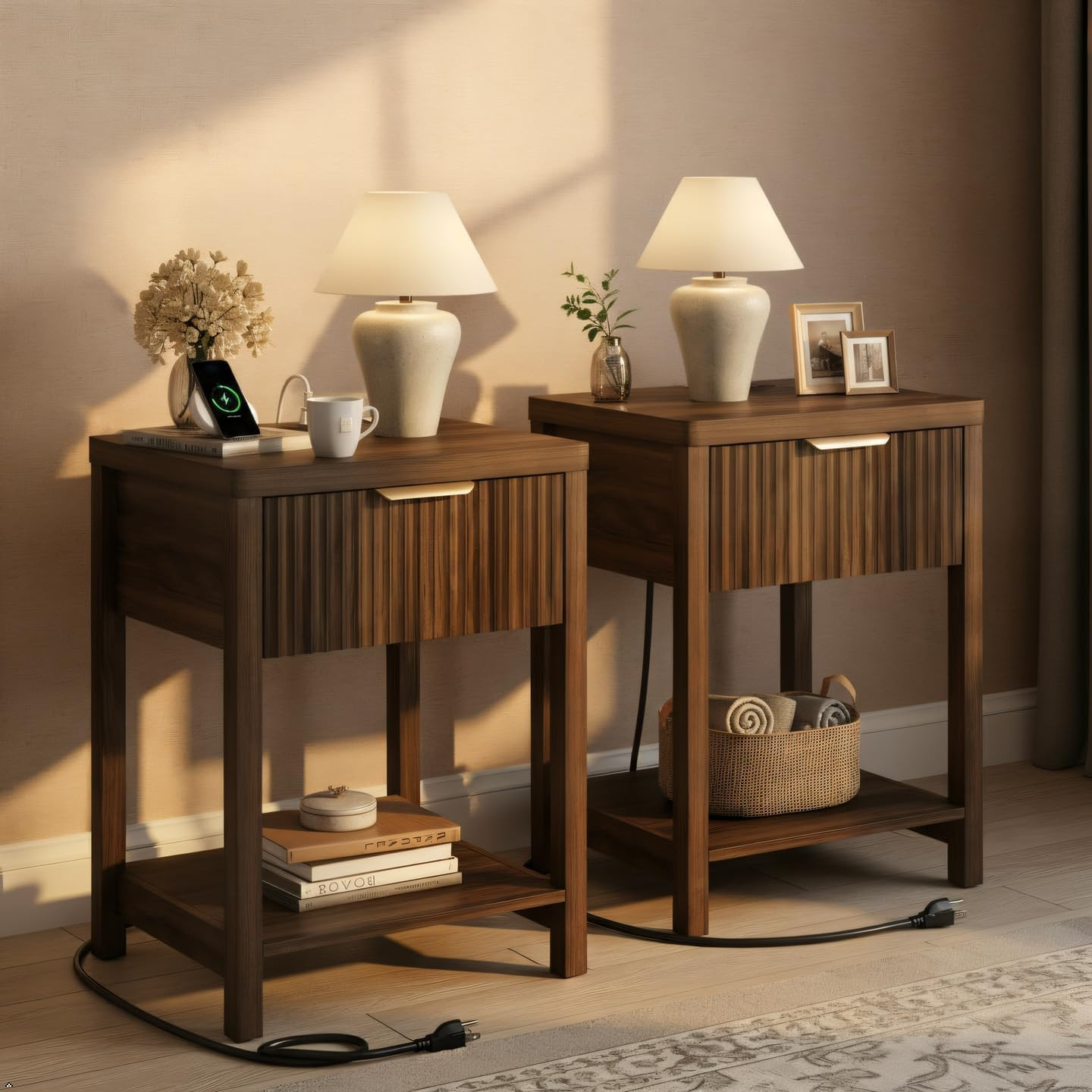Night Stand Set 2, Fluted Nightstand with Charging Station, Wood Modern Bedside End Table with Storage Drawer for Bedroom, Save Space (Set of 2, Walnut) | Amazon (US)