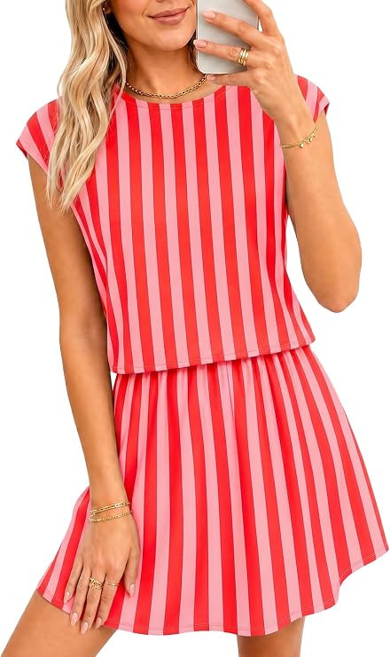 Wenrine Womens Striped 2 Piece Skirt Sets Crop Tops Mini Skort Lounge Set | Amazon (US)