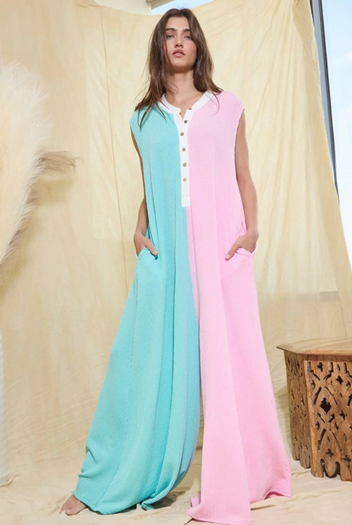 Listen Up Jumpsuit - Aqua/Pink | Bates Boutique 