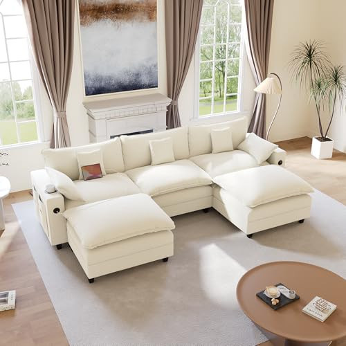 KCGKCG 116" Modular Sectional Sofa, U Shaped Cloud Couch with Movable Ottoman, Chenille Deep Seat Cloud Sofa with Charging Station, Cup Holder, Side Pocket, Sectional Couches for Living Room, Beige | Amazon (US)