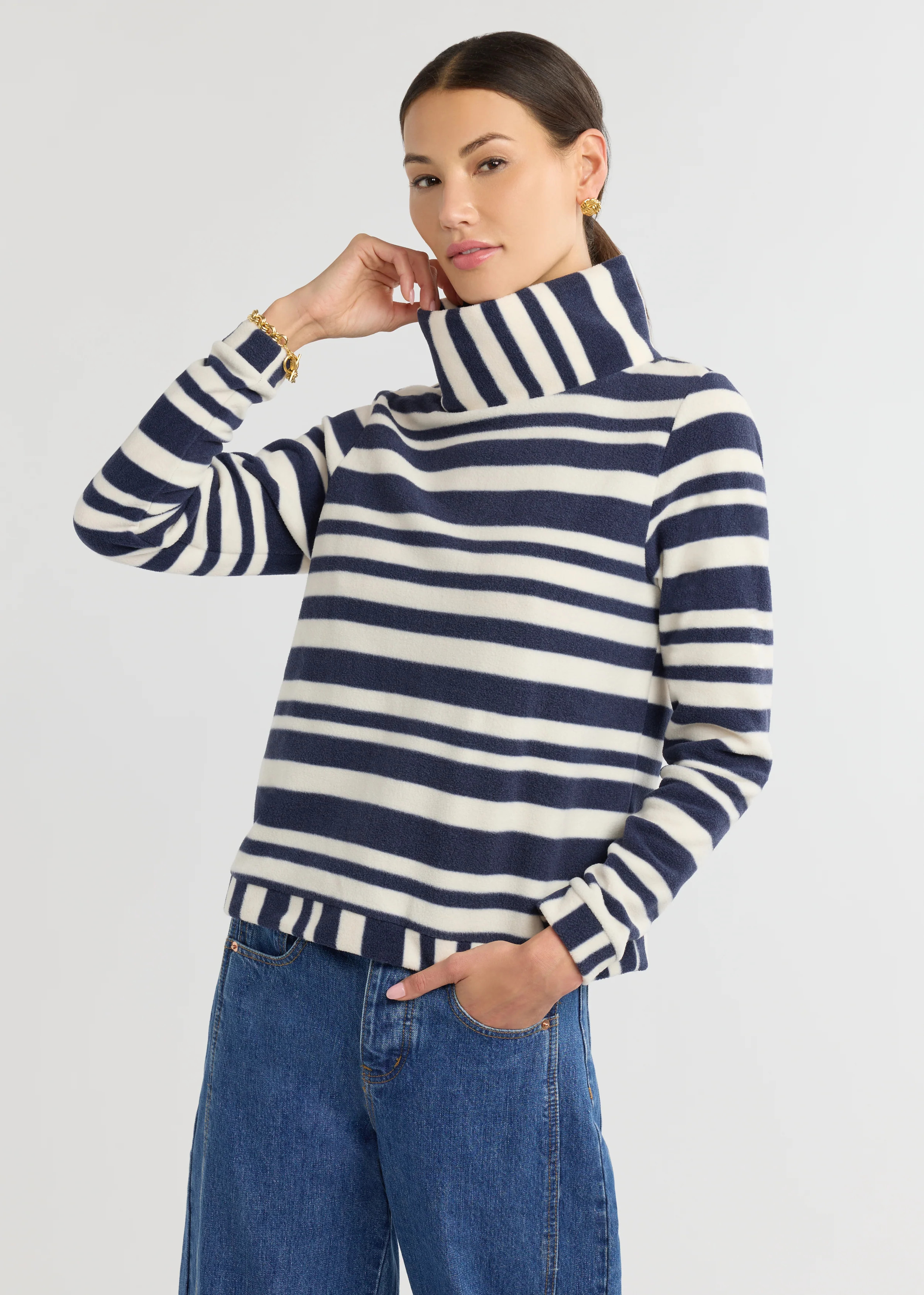 Park Slope Turtleneck in Vello Fleece (Navy/Cream Variegated Stripe) | Dudley Stephens