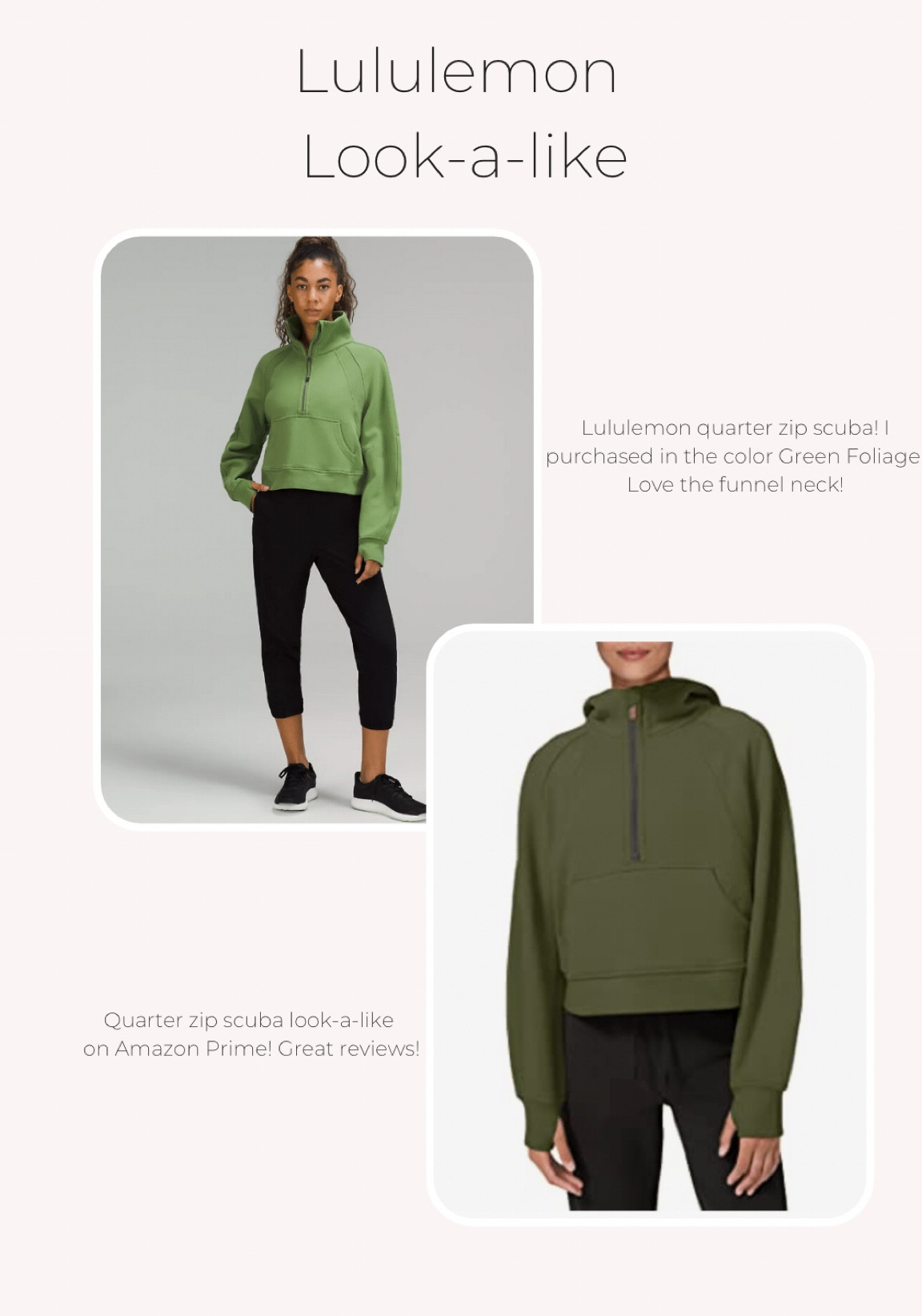 Lululemon look-a-like I have the lululemon jacket in the color green foliage and LOVE it! The perfect green! 

Amazon prime 
Quarter zip 
Scuba sweatshirt 
Funnel neck 

#LTKsalealert #LTKunder50 #LTKfit