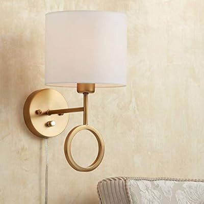 Amidon Wall Lamp Plug in Warm Brass Ring White Drum Shade for Bedroom Living Room Reading - 360 L... | Amazon (US)