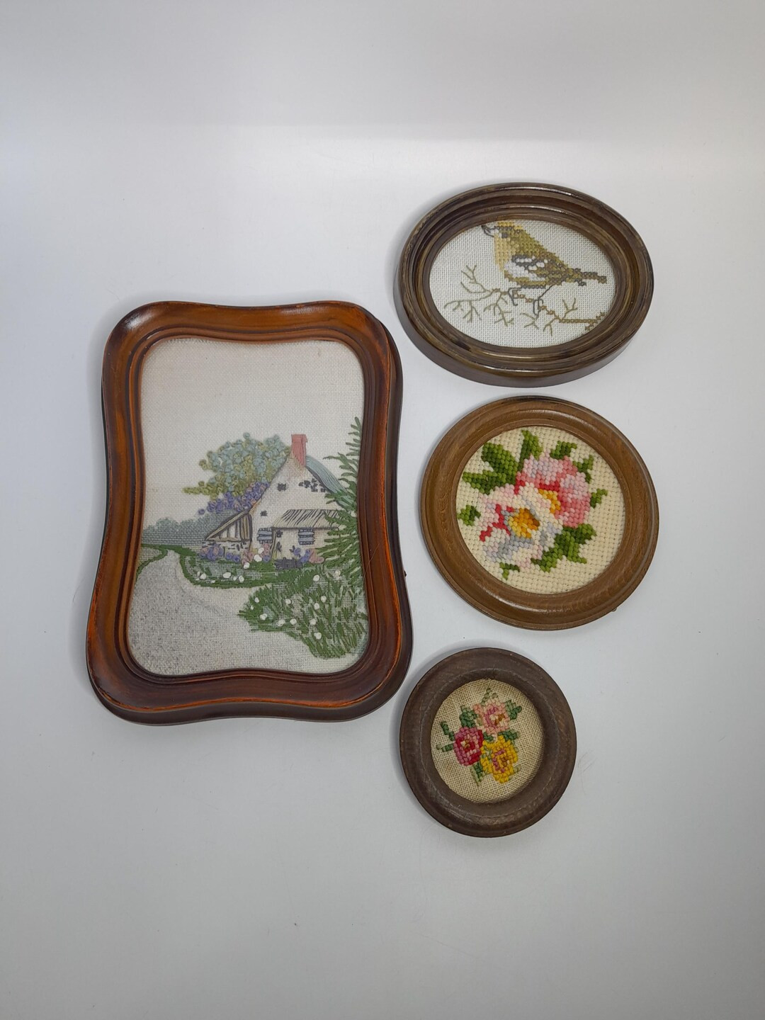 Vintage Wall Decor Embroidered Flowers Bird Cottage Set of 4 Wood Faux Wood Wall Decor 80s - Etsy | Etsy (US)
