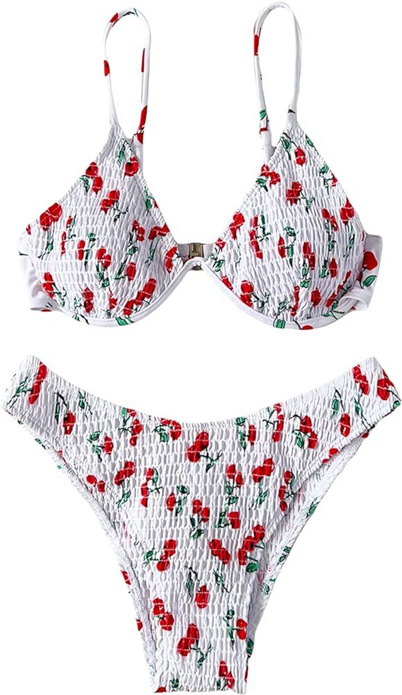 SHENHE Women's Two Piece Cherry Print High Cut Underwire Triangle Bikini Swimsuit | Amazon (US)