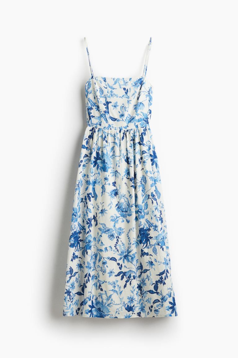 Linen-blend Midi Dress - White/blue floral - Ladies | H&M US | H&M (US + CA)