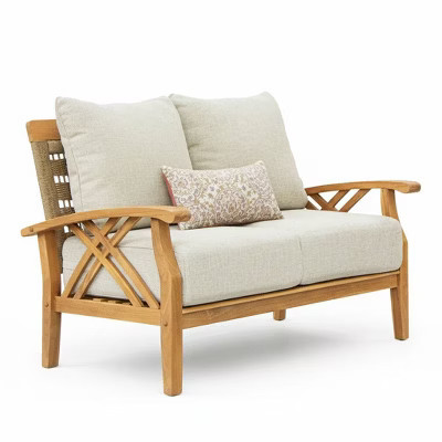 Sonoma Lane Eola Teak Outdoor Loveseat with Honey Twist Wicker and Tan Zippered Cushions - Weather-Resistant | Target