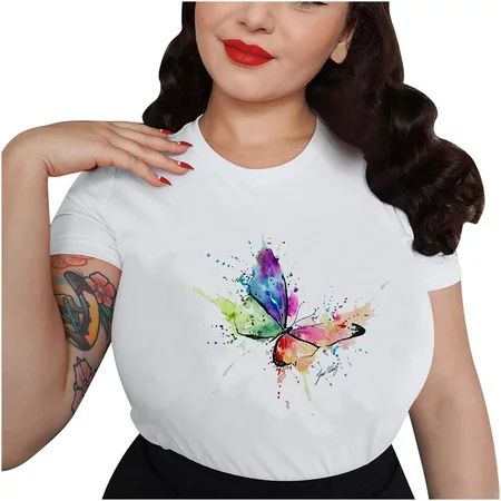 Graphic Tees for Women Trendy Aesthetic Butterfly Color Print Short Sleeve Shirts Summer Cropped Cre | Walmart (US)