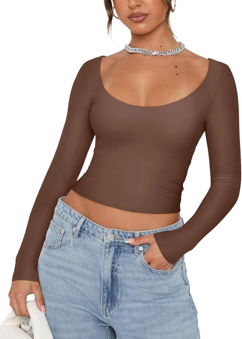REORIA Womens Sexy Scoop Neck Long Sleeve Double Lined Basic Shirts Fitted Y2K Trendy Crop Tops | Amazon (US)
