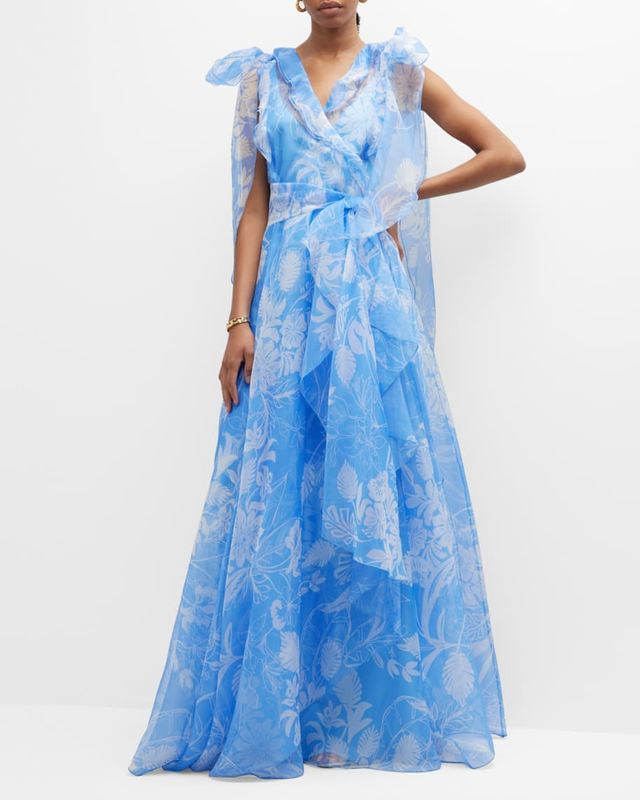 Maison Common Palm-Print Removable-Bow Silk Organza Gown | Neiman Marcus