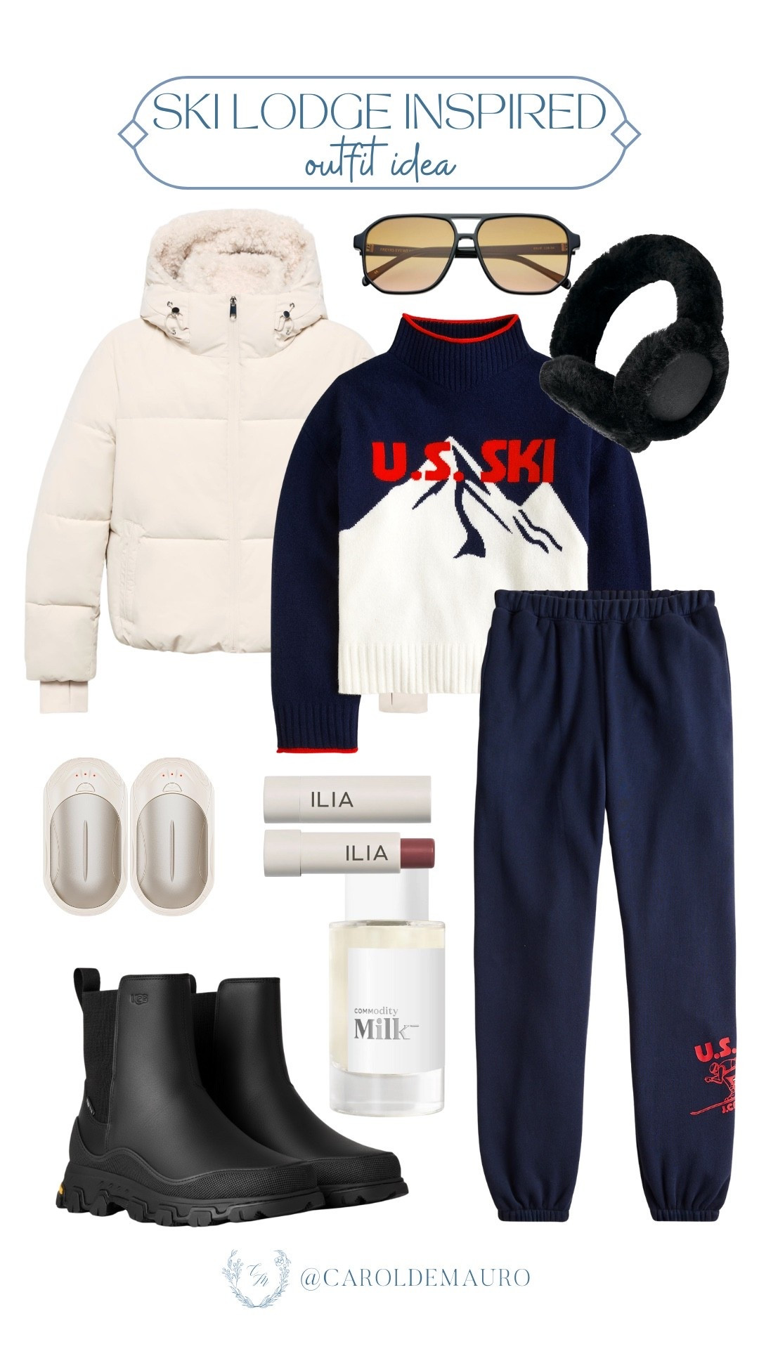 Perfect for grabbing hot cocoa after a day in the snow, this look pairs a cozy U.S. SKI graphic knit with comfy navy sweats and a classic white puffer. Just add fuzzy earmuffs, black boots, and a swipe of ILIA balm for that effortless winter glow!

ski style, winter vibes, aspen style, snow day outfit, lodge life, cold weather fashion, outfit inspo, winter accessories

#LTKFindsUnder50 #LTKSeasonal #LTKU