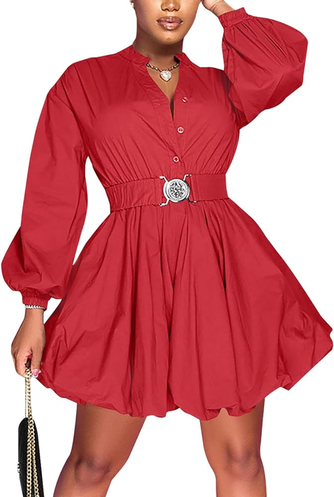 Uni Clau Womens Button Down Shirt Dress Long Sleeve A-Line Casual Puffy Short Mini Dress with Bel... | Amazon (US)