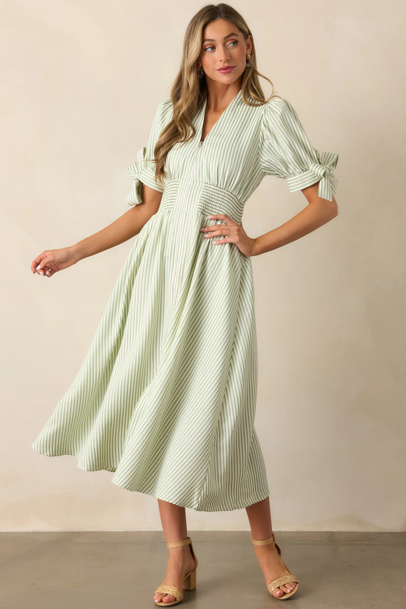 Afternoon Tea Green Stripe Zip Front Midi Dress | Red Dress