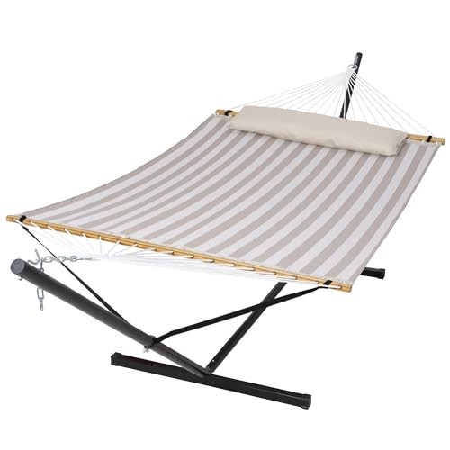 SUNCREAT Double Hammock with Stand Included, Outdoor Portable Hammock with Stand, Light Gray Stripes | Amazon (US)