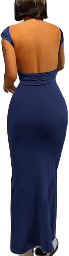 AYWA Womens Sexy Backless Maxi Dress Casual Bodycon Short Sleeve Party Club Long Dresses | Amazon (US)