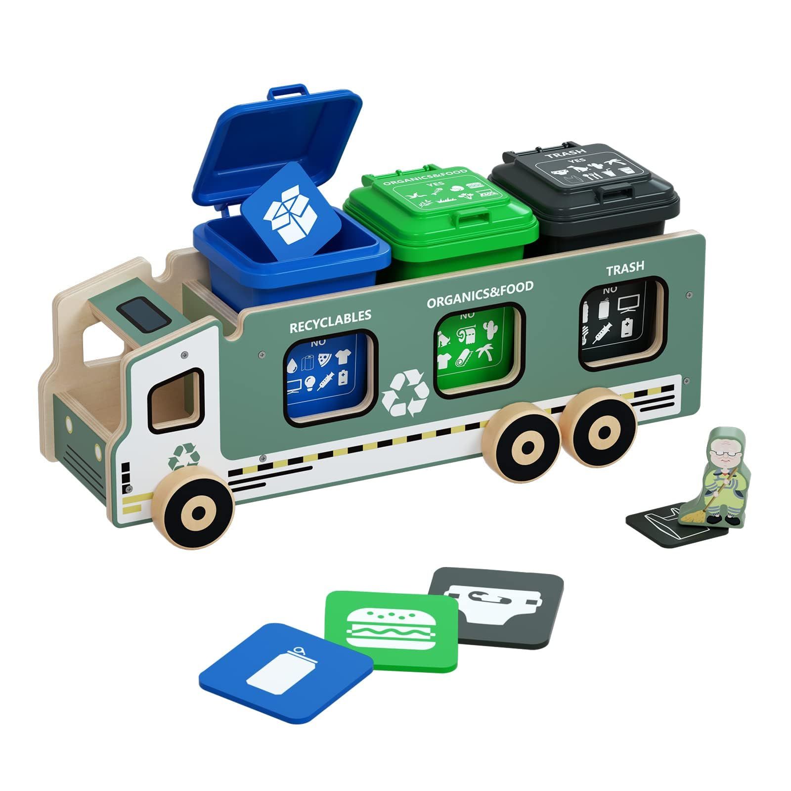 Large Wooden Garbage Truck Toy, Waste Management Recycling Truck Toy with 3 Trash Cans, Educational Toys and Gift for Kids, Toddlers, Boys, Girls 3 4 5 6 7 Years Old | Amazon (US)