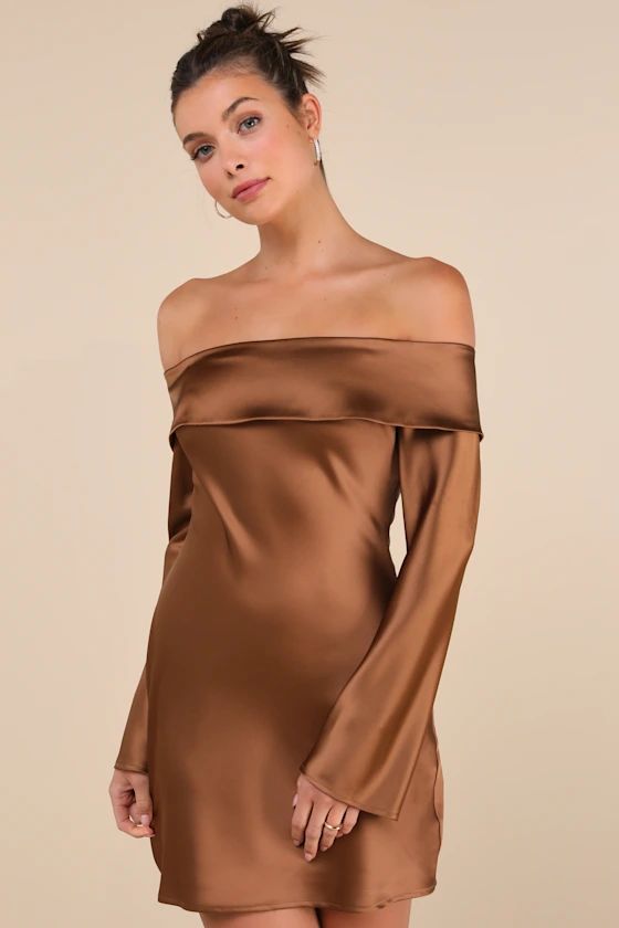 Luxurious Vision Brown Satin Off-the-Shoulder Mini Dress | Lulus