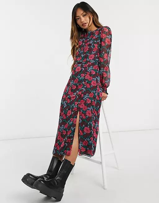 Nobody's Child midi tea dress with shirred cuffs and thigh split in retro floral | ASOS (Global)