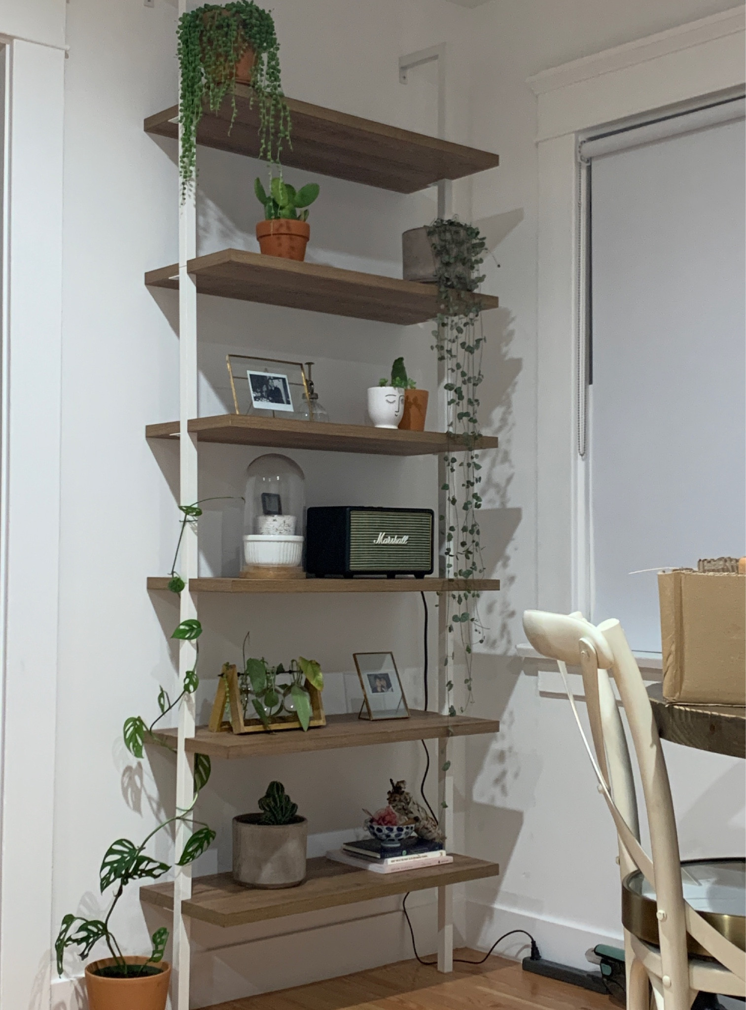 Love this shelving unit that’s the perfect home for plants and other decor! #homedecorating #homedecor #housedecor 
