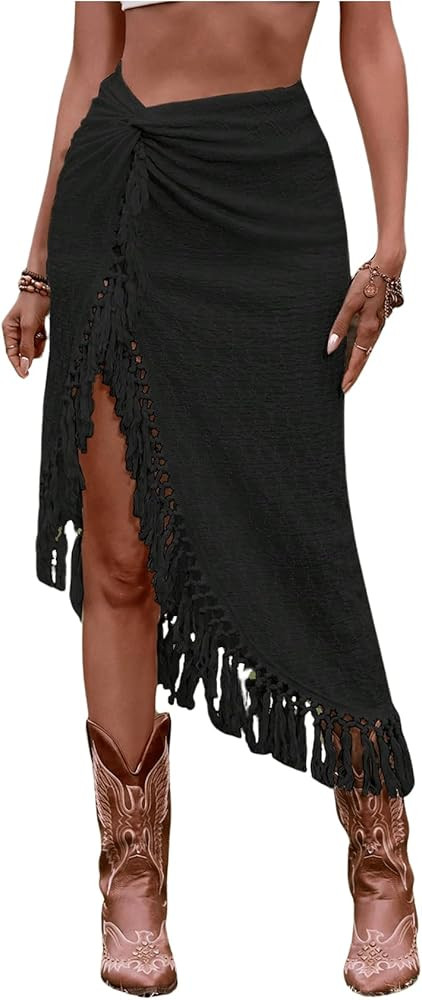 SHENHE Women's Twist Front High Slit Fringe Skirt Asymmetrical Tassel Boho Midi Skirt | Amazon (US)