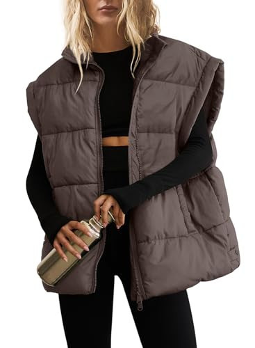 SENSERISE Womens Oversized Puffer Vest Quilted Jacket Bubble Vest Puffy Coats Zip Up Outerwear with Pockets Padded Gilet(Coffee,XL) | Amazon (US)