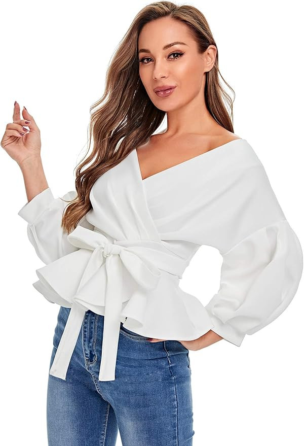 SheIn Women's Lantern 3/4 Sleeve V Neck Ruffle Blouse Tie Waist Wrap Peplum Top | Amazon (US)