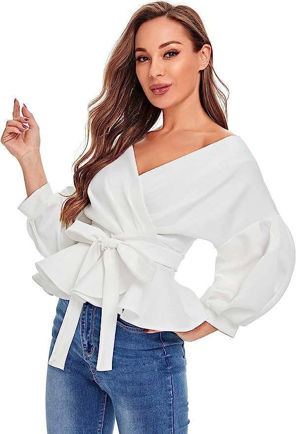 SheIn Women's Lantern 3/4 Sleeve V Neck Ruffle Blouse Tie Waist Wrap Peplum Top | Amazon (US)