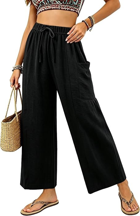 Womens Wide Leg Cropped Pants Drawstring Casual Palazzo Pants Loose Flowy Lounge Trousers with Po... | Amazon (US)