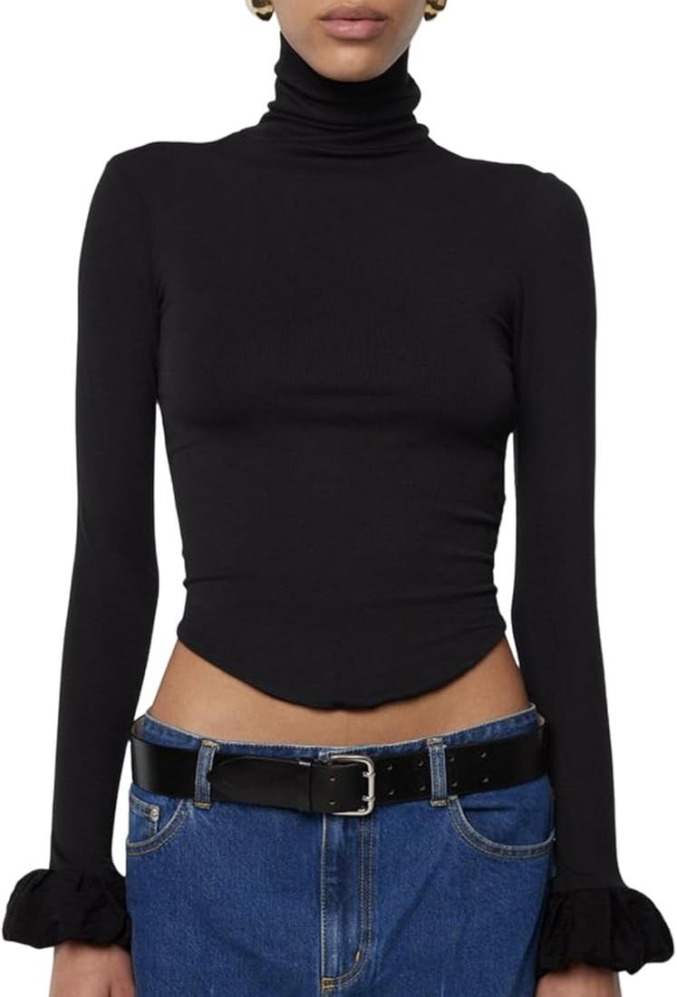 Arssm Women Y2k Turtleneck Rib Knit Top Ruffled Cuffs Blouse Shirt Bell Sleeve Slim Fit Going Out... | Amazon (US)