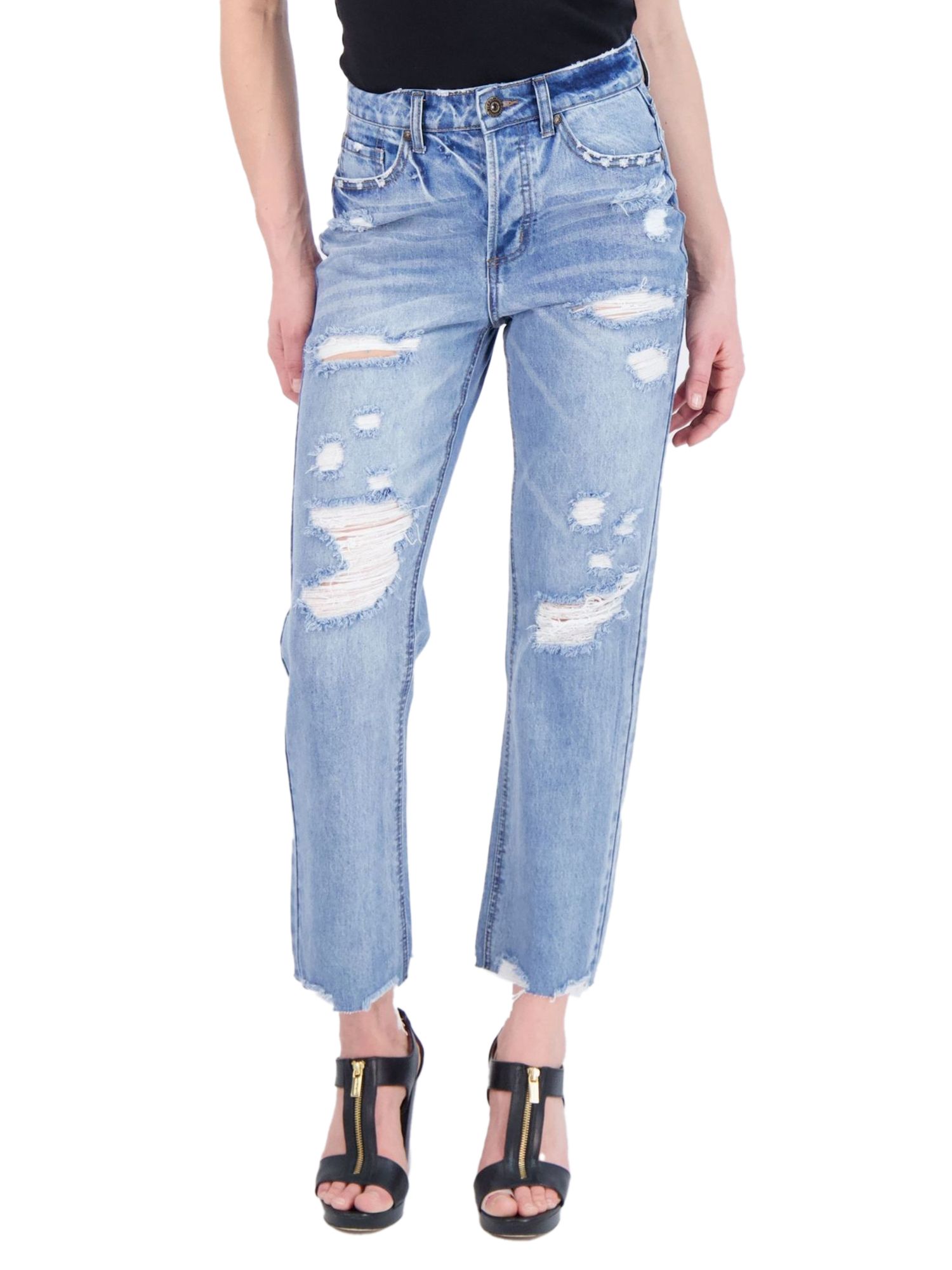 Gogo Jeans Juniors Destructed Straight Leg Jean - Walmart.com | Walmart (US)