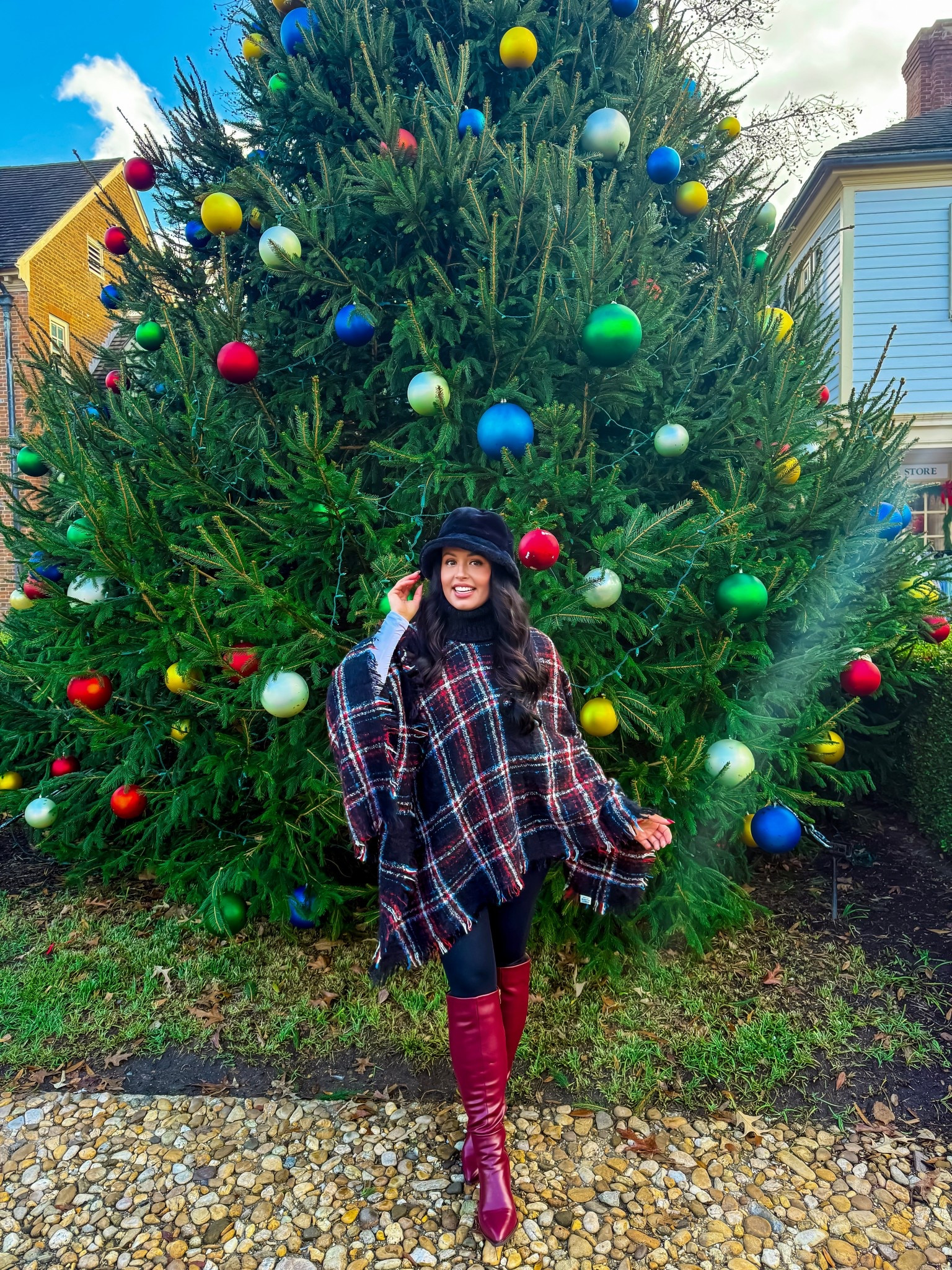 Amazon plaid poncho, faux fur hat, Crz yoga leather leggings, knee-high burgundy boots all under $50! Perfect for chilly weather. #founditonamazon 

#LTKHoliday #LTKFindsUnder50 #LTKSaleAlert