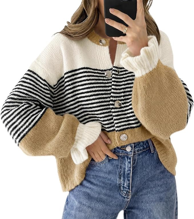 Saodimallsu Womens 2026 Fall Trendy Striped Cardigan Sweaters Ruffle Sleeve Button Up Loose Color... | Amazon (US)