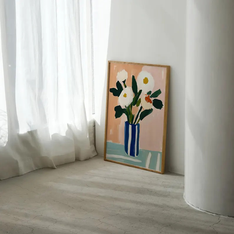 Abstract Floral Art Print | Modern Bouquet in Blue Vase | Digital Download | Minimalist Home Deco... | Etsy (US)