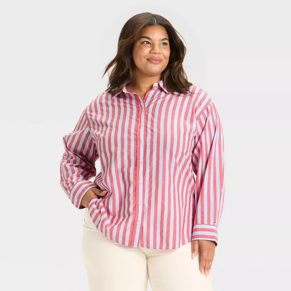Women's Oversized Long Sleeve Collared Button-Front Shirt - Universal Thread™ Red Striped 2X | Target