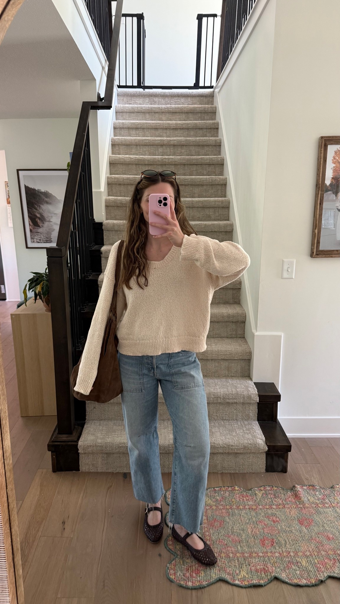 Love these barrel jeans, run a little big could size down! Dark brown flats are so comfy and affordable! wearing a medium in pullover, not online yet linked similar! Will update once it is! 

Spring outfit, mom outfit

#LTKmomlife #LTKootd